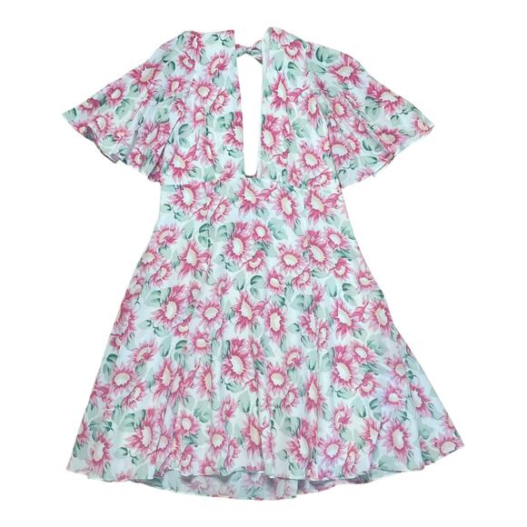 Les Reveries Silk Pink Floral Flutter Sleeve Mini Dress Size 0 - Picture 3 of 6